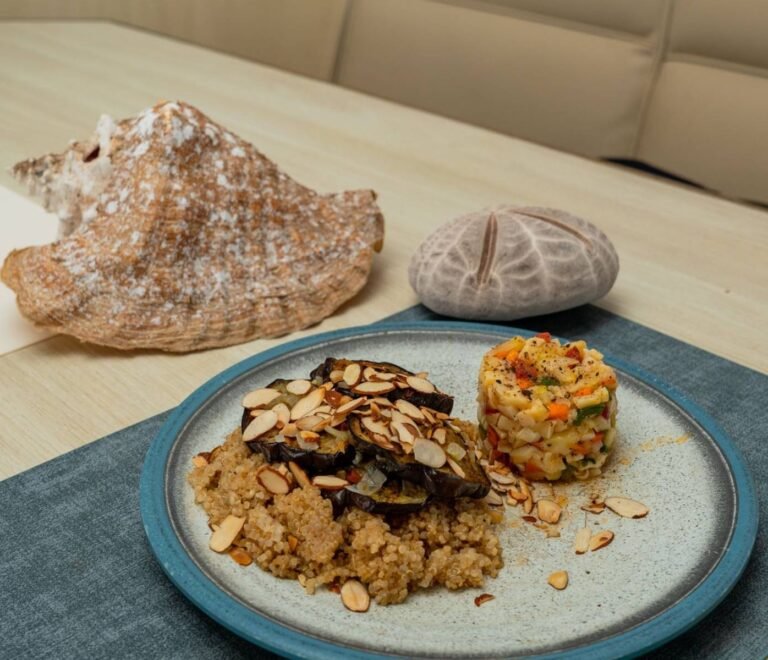 Healthy gourmet meal served during catamaran wellness retreat in San Blas