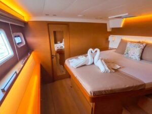 Luxury king cabin inside Lagoon 56 catamaran in San Blas with premium comfort