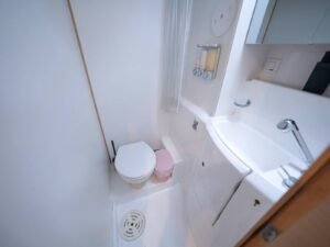 Private bathroom inside Lagoon 40 catamaran cabin in San Blas with shower