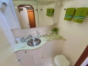Private bathroom inside Lagoon 55 catamaran cabin in San Blas