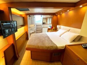 Luxury master king cabin inside Lagoon 56 catamaran in San Blas