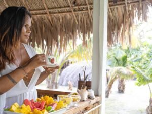 Breakfast terrace experience at deluxe cabin in Dutch Cays San Blas
