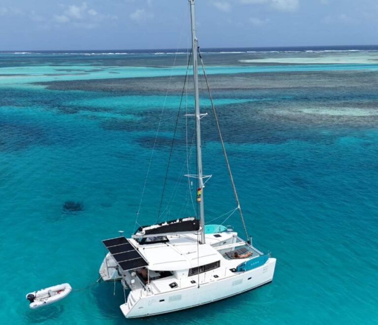 Lagoon 40 catamaran aerial view in turquoise waters of San Blas