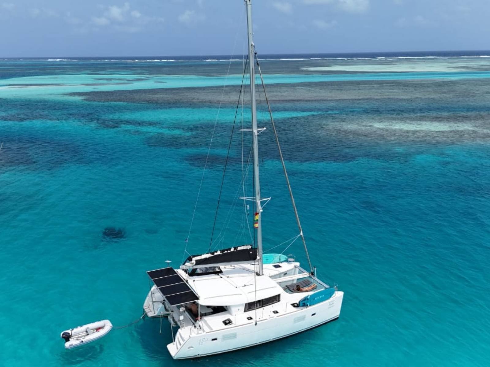 Lagoon 40 catamaran aerial view in turquoise waters of San Blas