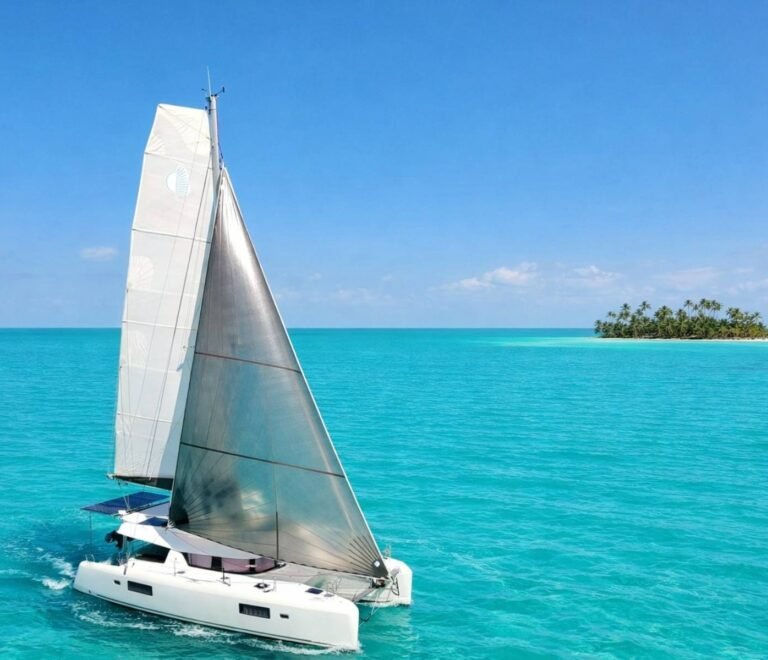 Lagoon 42 catamaran sailing in turquoise waters of San Blas Panama