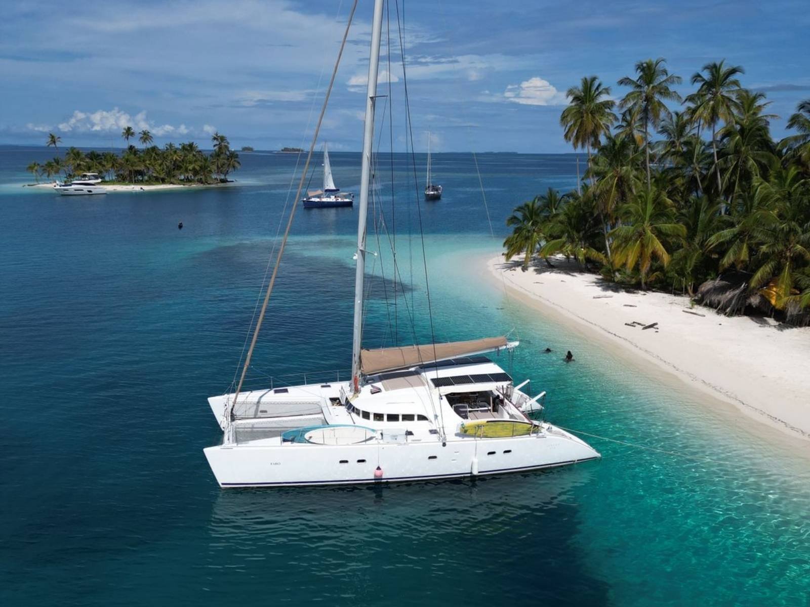 Lagoon 57 catamaran anchored near tropical island in San Blas Panama