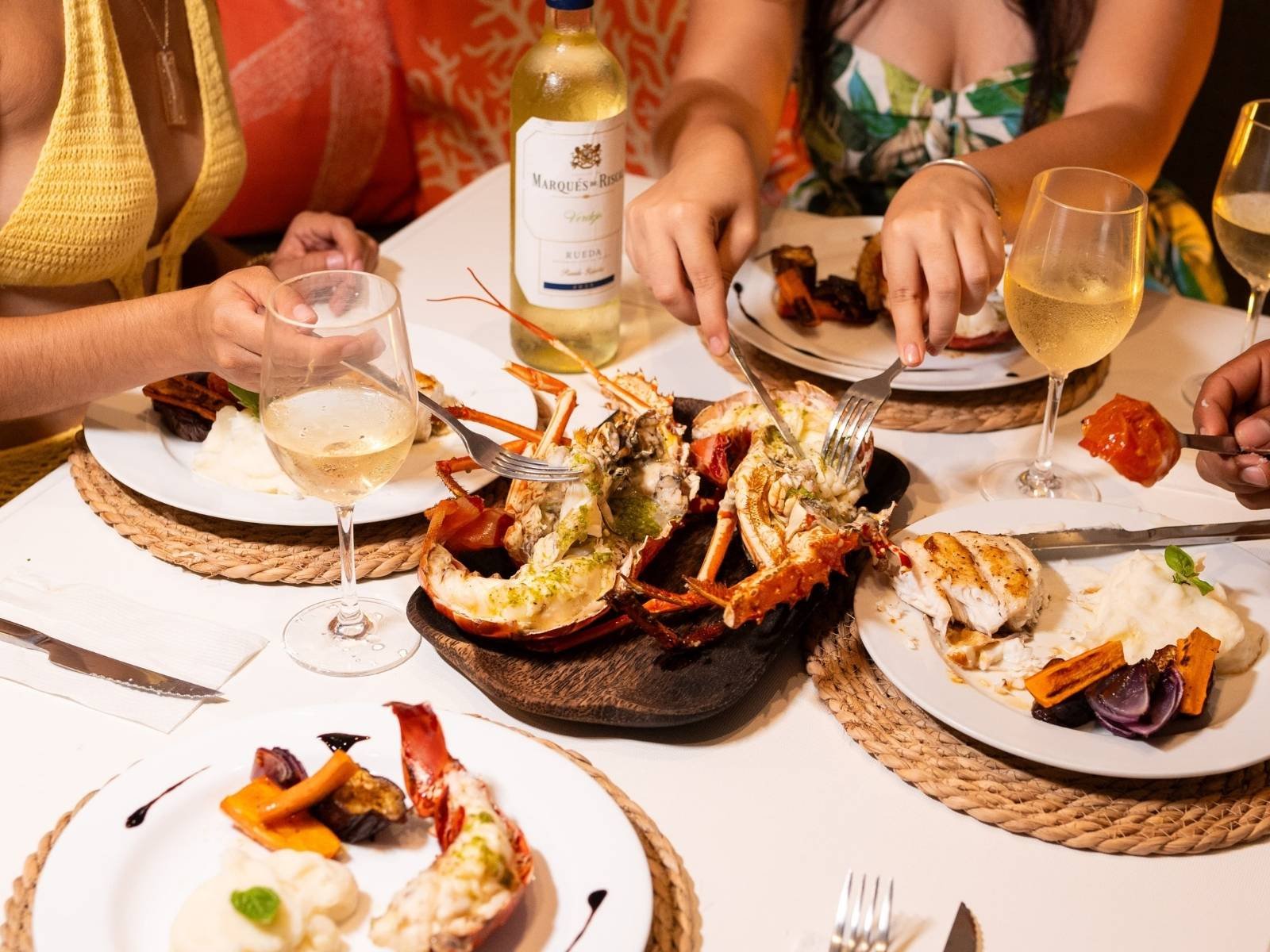 Gourmet seafood dinner served onboard Lagoon 40 catamaran in San Blas