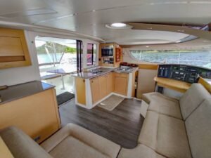 Interior salon and kitchen inside Lipari 41 catamaran in San Blas