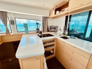 Modern kitchen inside Lagoon 42 catamaran in San Blas fully equipped galley