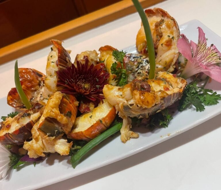 Gourmet lobster dish served onboard Lagoon 56 catamaran in San Blas