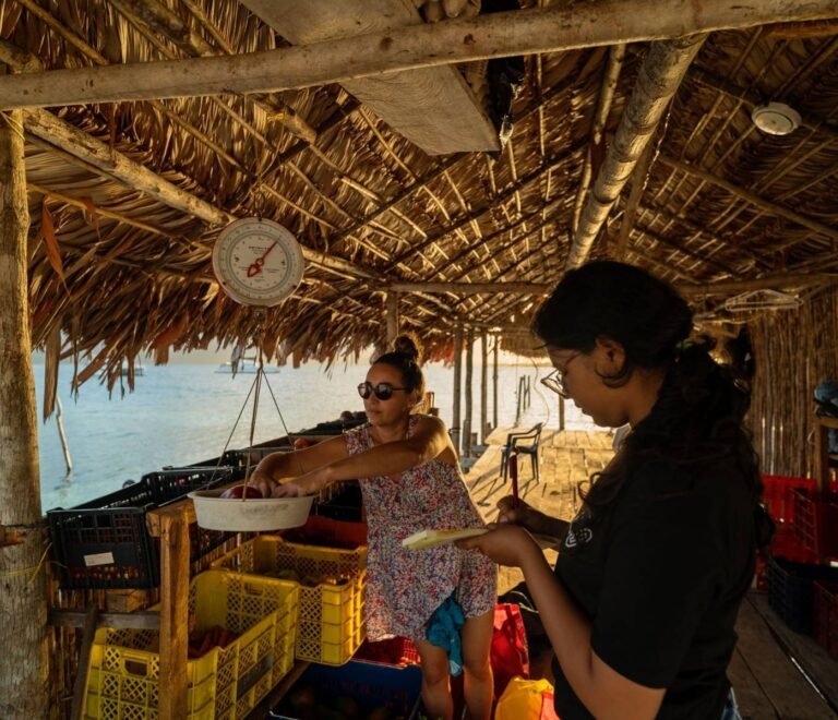 Compra de alimentos frescos en comunidad local de San Blas para abastecer catamarán
