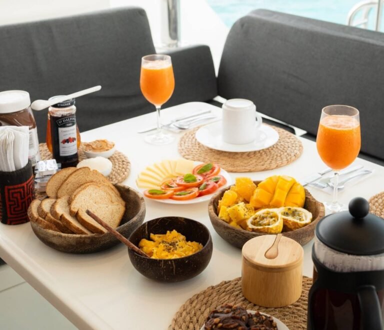 Breakfast table setup onboard Lagoon 40 catamaran in San Blas