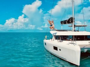 Lagoon 42 catamaran anchored in San Blas turquoise waters Panama