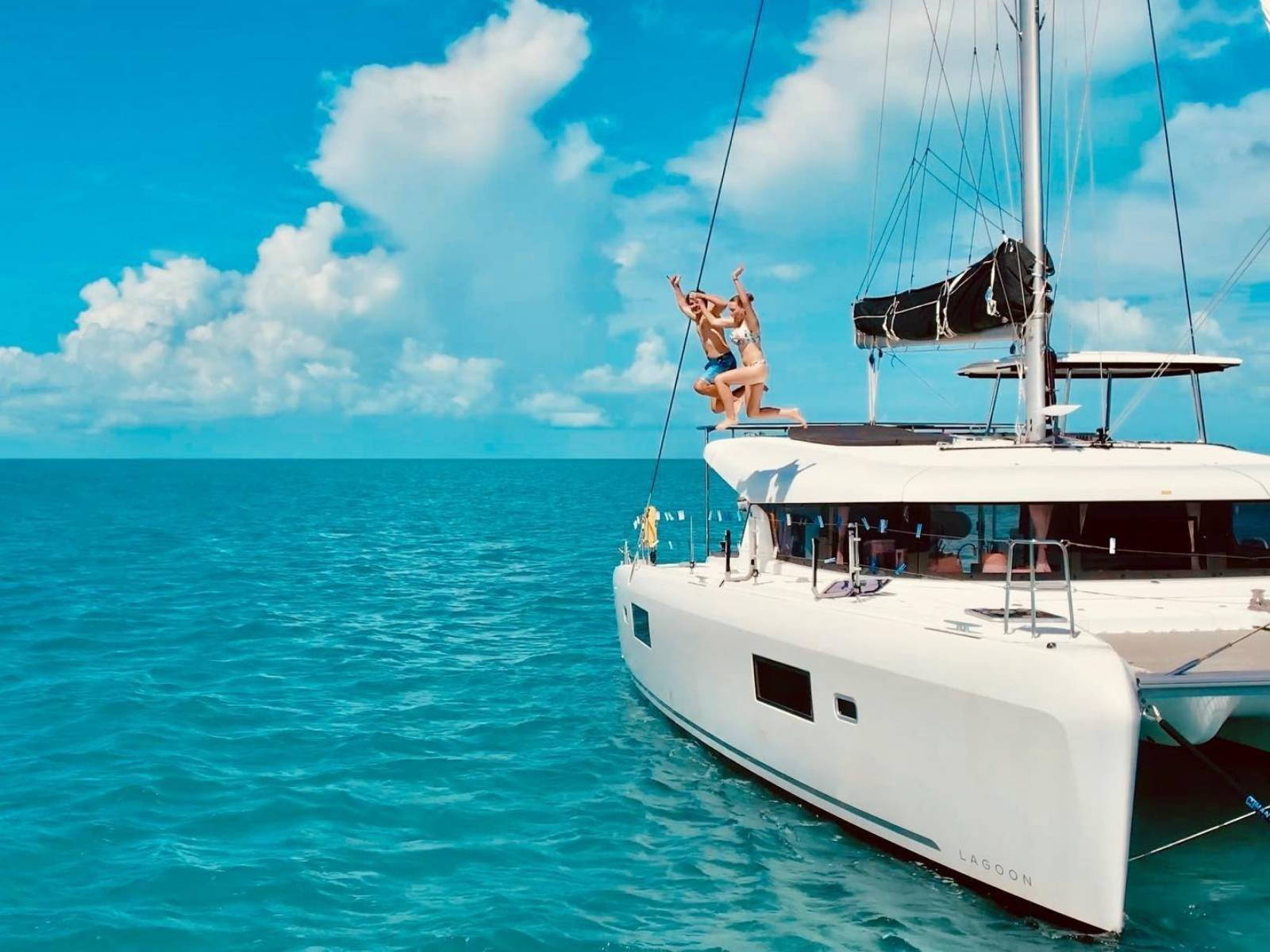 Lagoon 42 catamaran anchored in San Blas turquoise waters Panama