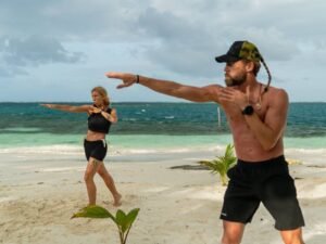 Functional training session on beach during San Blas wellness retreat