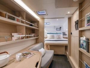 Owners cabin with desk inside Lagoon 42 catamaran in San Blas