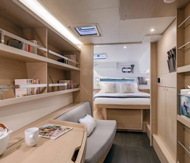 Owners cabin with desk inside Lagoon 42 catamaran in San Blas