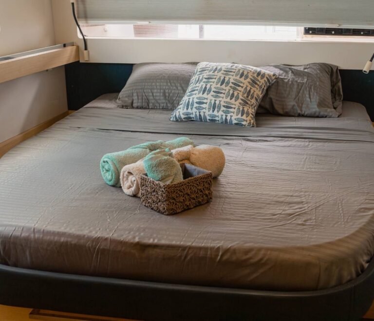 Luxury master cabin bed inside Ipanema 58 catamaran in San Blas