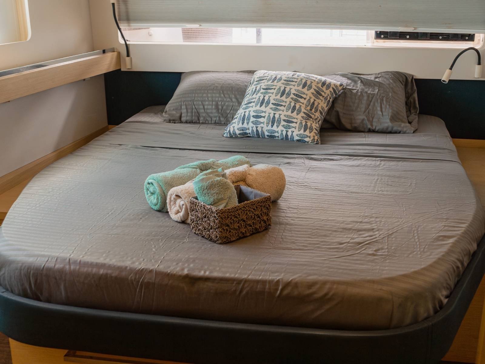 Luxury master cabin bed inside Ipanema 58 catamaran in San Blas
