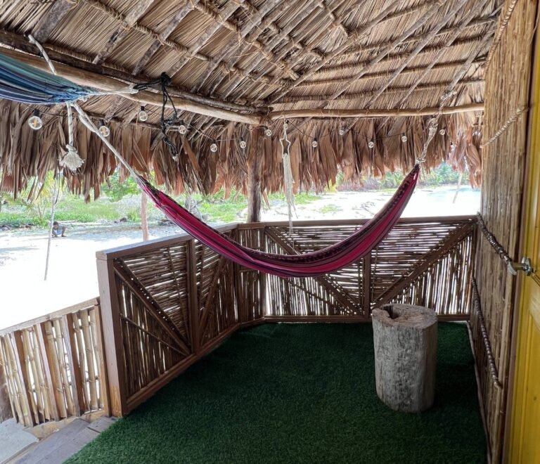 Hammock lounge inside bungalow cabin in Dutch Cays San Blas