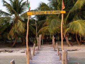 El Muelle de San blas. Acceso en Cayos Holandeses San Blas rodeado de palmeras y playa de arena blanca