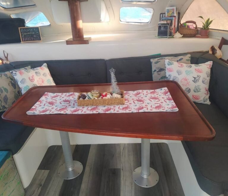 Interior dining salon inside Lagoon 37 catamaran in San Blas