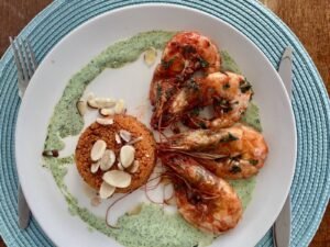 Gourmet grilled seafood meal served onboard Ipanema 58 catamaran in San Blas