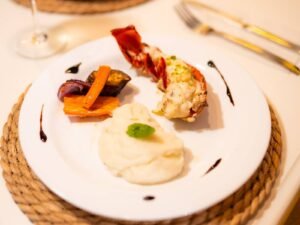 Gourmet plated dish served onboard Lagoon 40 catamaran in San Blas