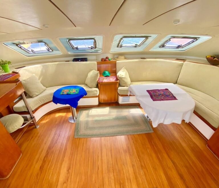 Interior salon inside Lagoon 55 catamaran in San Blas with panoramic windows