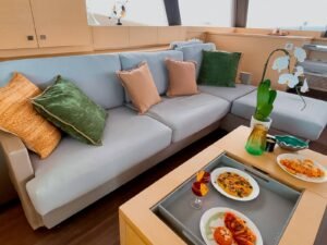 Luxury interior lounge sofa inside Ipanema 58 catamaran in San Blas