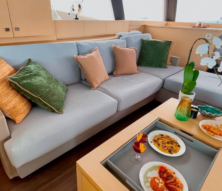 Luxury interior lounge sofa inside Ipanema 58 catamaran in San Blas