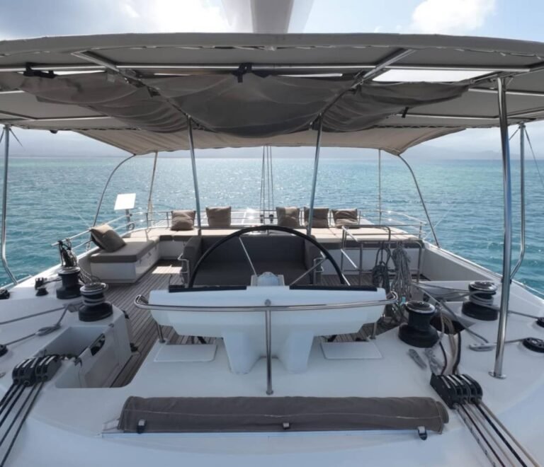 Rear lounge deck on Lagoon 56 catamaran in San Blas with panoramic ocean views