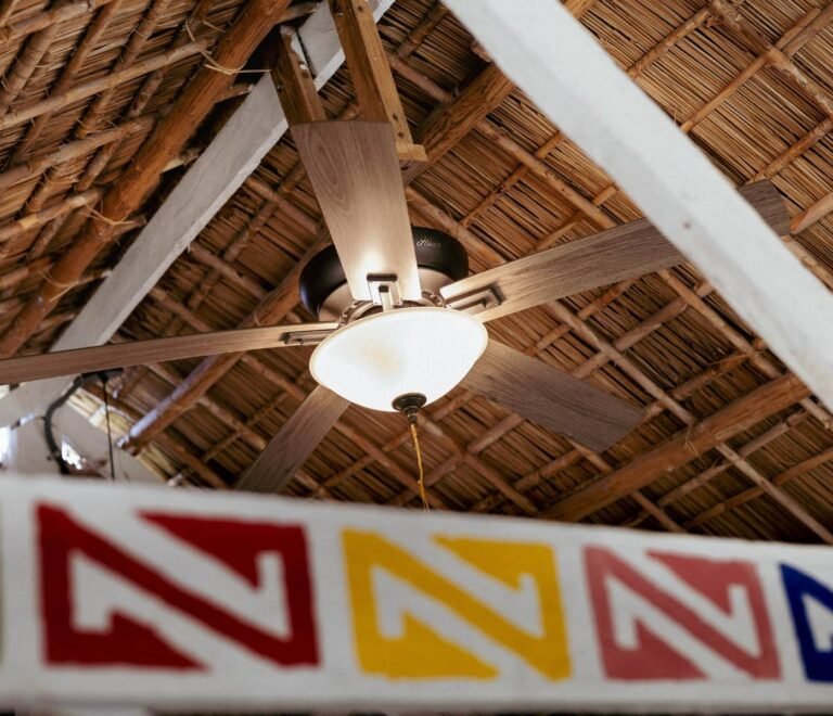 Ventilador de techo en cabaña en Cayos Holandeses San Blas con estructura rústica