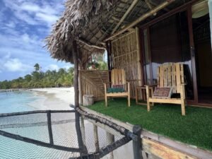 Private terrace of beachfront bungalow cabin in Dutch Cays San Blas