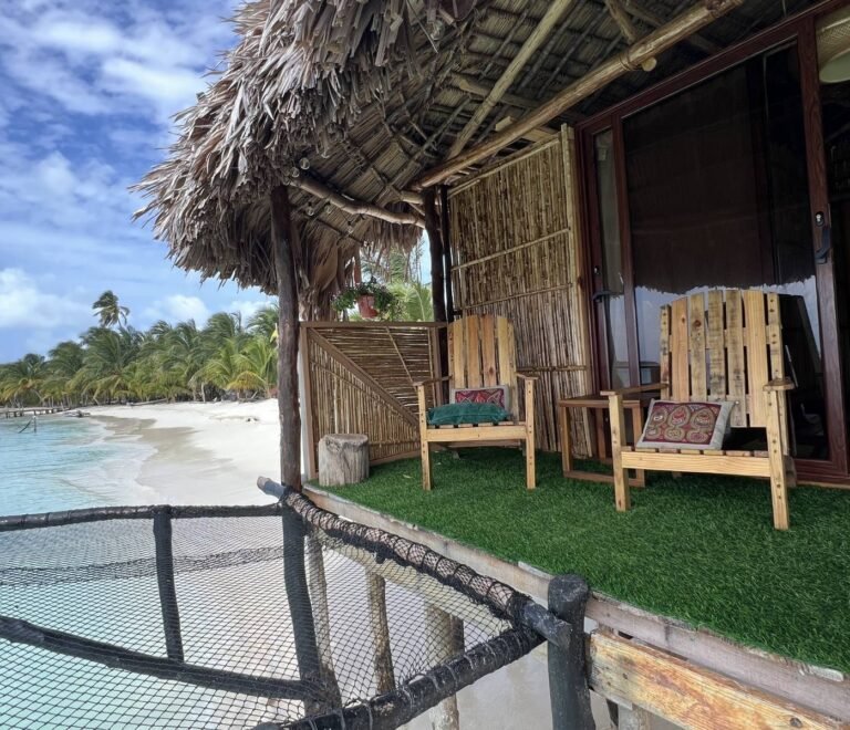 Private terrace of beachfront bungalow cabin in Dutch Cays San Blas